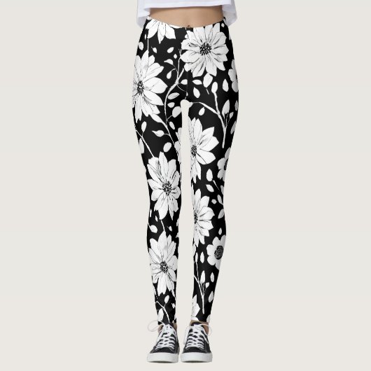 Schwarz-Weiß-Einfache Blume Nahtloses Muster Leggings (Vorderseite)