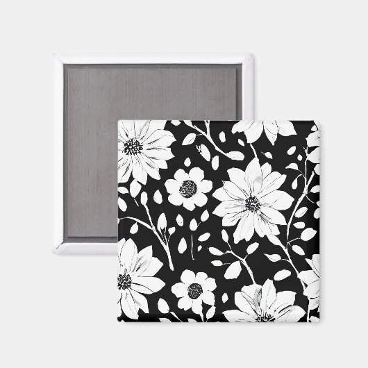 Schwarz-Weiß-Einfache Blume Nahtloses Muster Magnet (Vorderseite/Rückseite)