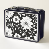 Schwarz-Weiß-Einfache Blume Nahtloses Muster Metall Brotdose (Rückseite)