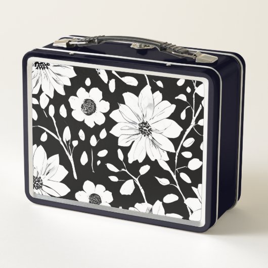 Schwarz-Weiß-Einfache Blume Nahtloses Muster Metall Brotdose (Rückseite)