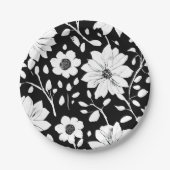 Schwarz-Weiß-Einfache Blume Nahtloses Muster Pappteller (Vorderseite)