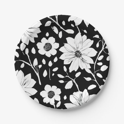 Schwarz-Weiß-Einfache Blume Nahtloses Muster Pappteller (Vorderseite)