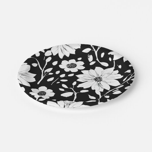 Schwarz-Weiß-Einfache Blume Nahtloses Muster Pappteller (Schrägansicht)