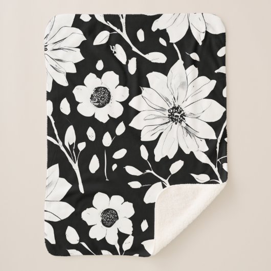 Schwarz-Weiß-Einfache Blume Nahtloses Muster Sherpadecke (Vorderseite)