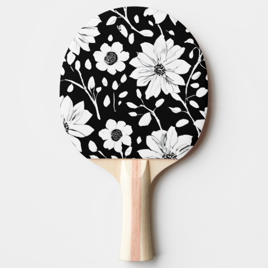Schwarz-Weiß-Einfache Blume Nahtloses Muster Tischtennis Schläger (Vorderseite)