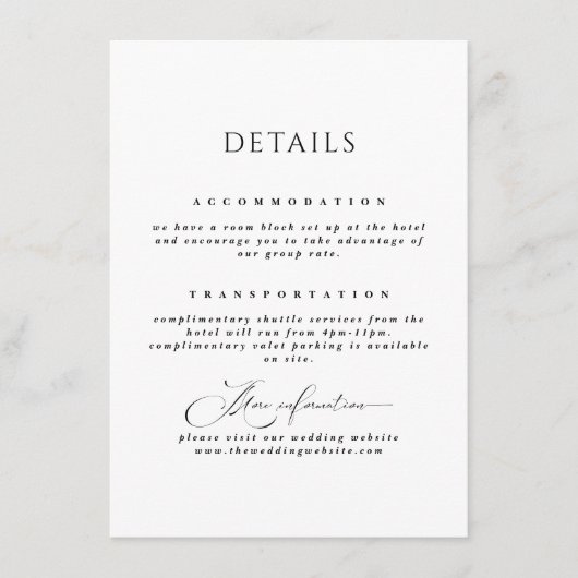 Schwarz-Weiß-Einfache Elegante Hochzeitsdetails Begleitkarte (Vorderseite)