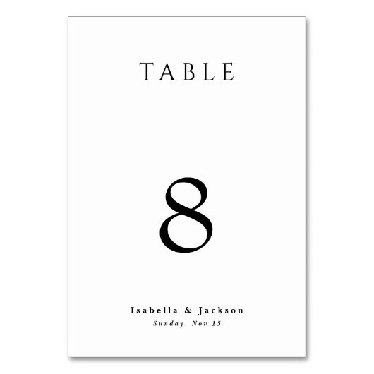 Schwarz & Weiß Einfache Elegante schicke Hochzeit Tischnummer (Vorderseite)