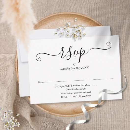 Schwarz-Weiß-Einfache, elegante Script-Hochzeit RSVP Karte