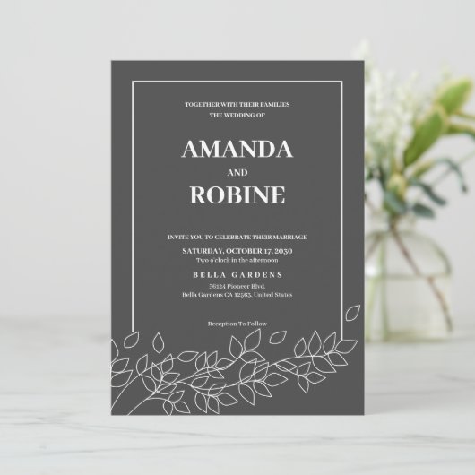 Schwarz-weiß Einfache Minimalistische Hochzeit Einladung (Stehend Vorderseite)