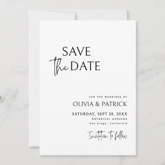 Schwarz-Weiß-Einfache moderne Minimalistische Hoch Save The Date (Vorderseite)