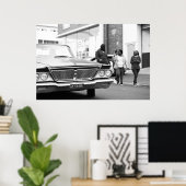 Schwarz-Weiß-Einfarbige Altautostadt Poster (Heimbüro)