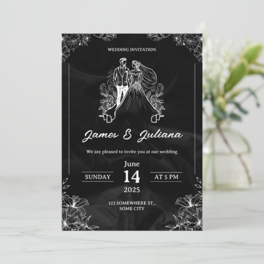 Schwarz-Weiß-Einladung zur Hochzeit Einladung (Stehend Vorderseite)