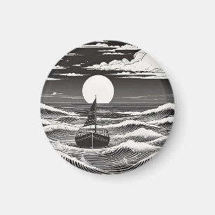 Schwarz & Weiß einsames Boot auf dem Ozean Magnet