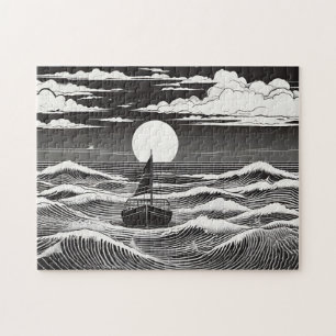 Schwarz & Weiß einsames Boot auf einem stürmischen Puzzle