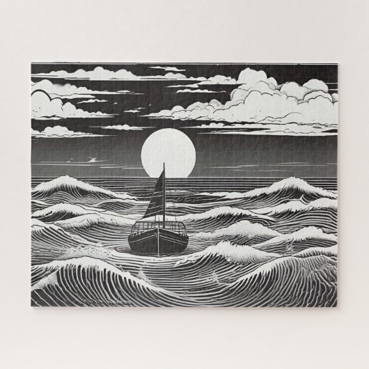 Schwarz-Weiß-Einsames Boot im Sturmmeer Puzzle (Horizontal)