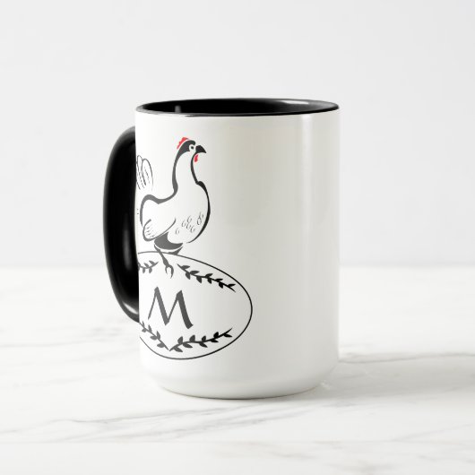 Schwarz-Weiß-Elagant-Hen auf einem Monogramm-Ei Tasse (Vorderseite Links)