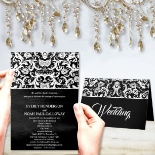 Schwarz-Weiß-Elegance Viktorianisch Damask Hochzei Einladung