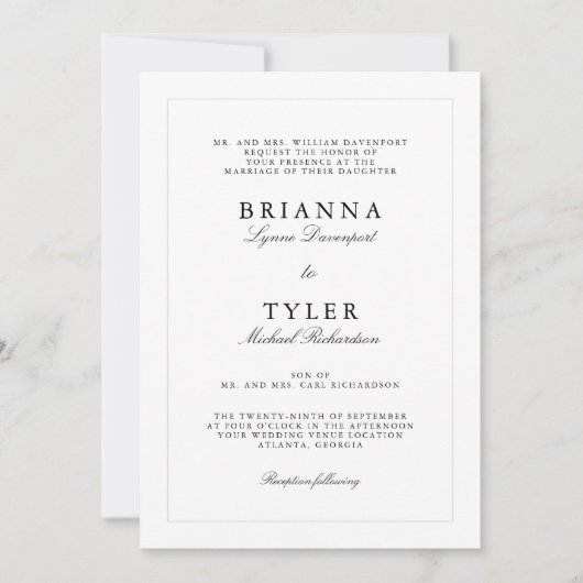 Schwarz-Weiß-Elegant ganz einfach in einer Hochzei Einladung (Vorderseite)