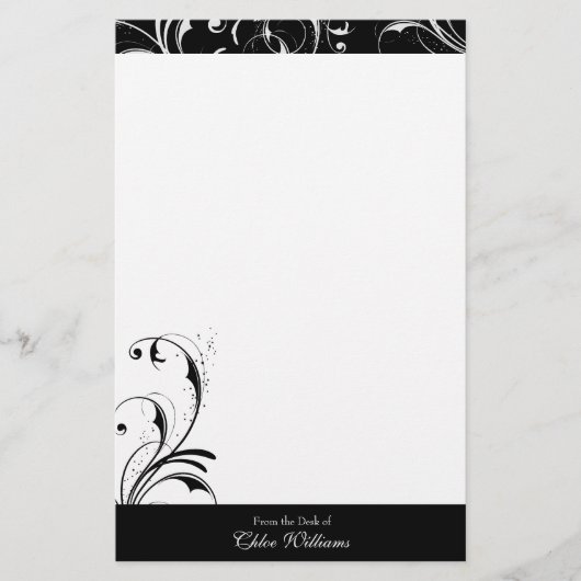 Schwarz-Weiß-Elegant Geblüht Briefpapier (Vorderseite)