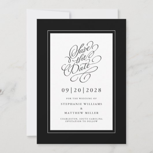 Schwarz-Weiß-Elegant-Hochzeitskalligrafie-Skript Save The Date (Vorderseite)
