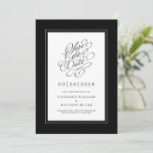 Schwarz-Weiß-Elegant-Hochzeitskalligrafie-Skript Save The Date (Stehend Vorderseite)
