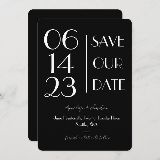 Schwarz & Weiß, elegant, modern Save the Date Einladung (Vorne/Hinten)