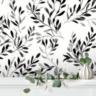 Schwarz Weiß Elegant Modernes Blatt Floral Tapete
