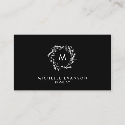 Schwarz-Weiß-Elegant-Monogramm-Blumenkranz Visitenkarte (Vorderseite)
