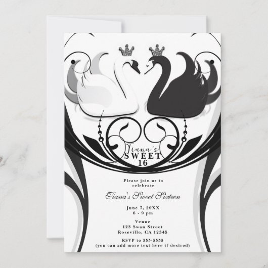 Schwarz & Weiß Elegant Swan Princess Sweet 16 Part Einladung (Vorderseite)