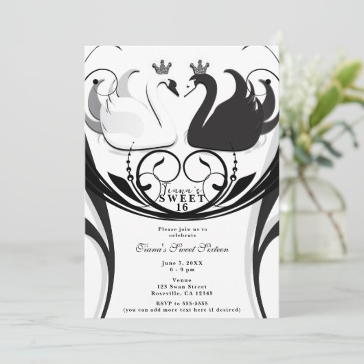 Schwarz & Weiß Elegant Swan Princess Sweet 16 Part Einladung (Stehend Vorderseite)
