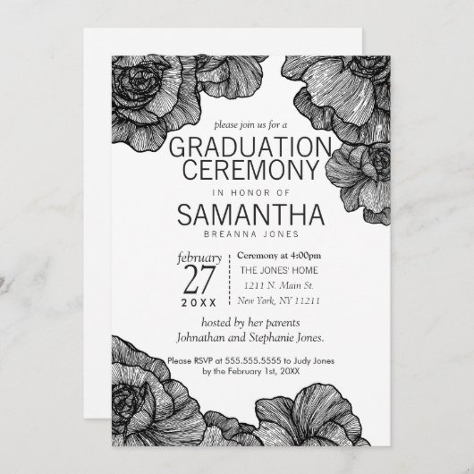 Schwarz-Weiß-Elegante Abschluss Einladung (Vorne/Hinten)