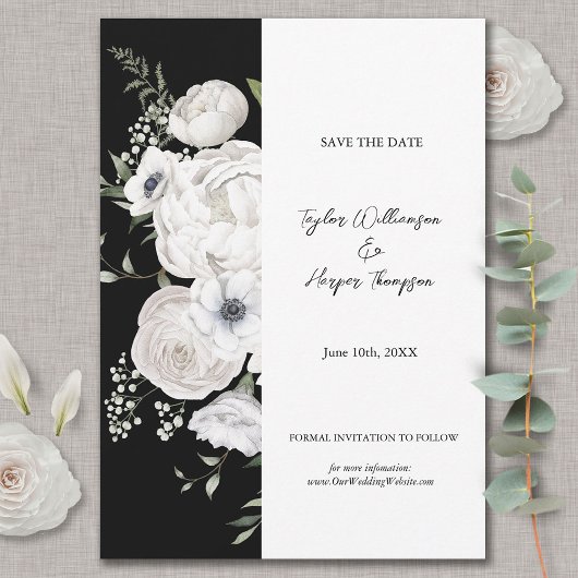 Schwarz-Weiß Elegante Blumenstrauß Modern Save The Date