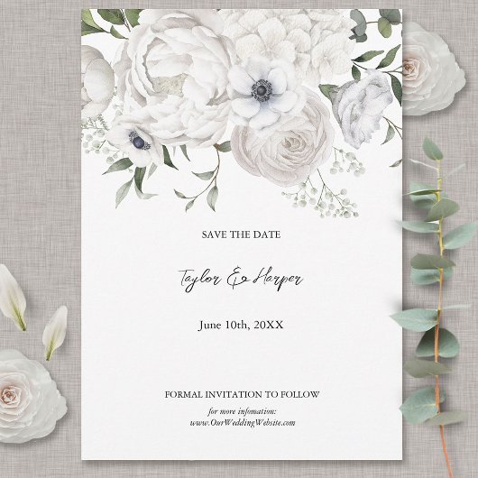 Schwarz-Weiß Elegante Blumenstrauß Modern Save The Date