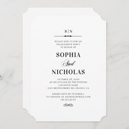 Schwarz-Weiß-elegante, einfache Verlobungsparty Einladung (Vorne/Hinten)