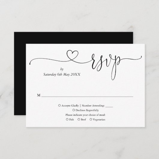 Schwarz-Weiß-elegante Herzschrift RSVP Karte (Vorne/Hinten)