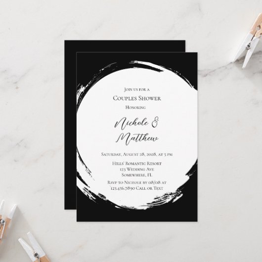Schwarz-Weiß-Elegante Minimalistische Paare Dusche Einladung (Vorderseite/Rückseite Beispiel)