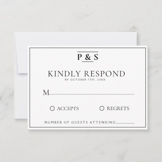 Schwarz-Weiß-elegante Monogram-Chic-Hochzeit RSVP Karte (Vorderseite)