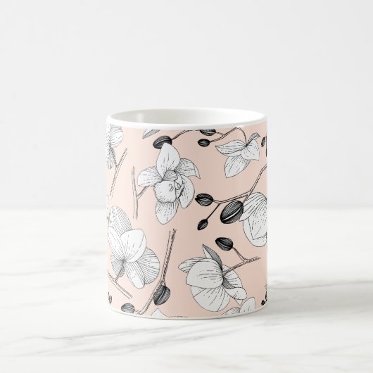 Schwarz-Weiß-elegante Orchidee mit florenträchtige Kaffeetasse (Mittel)