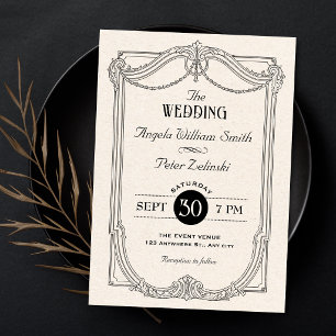 Schwarz-weiß elegante Vintage-gotische Hochzeit Einladung