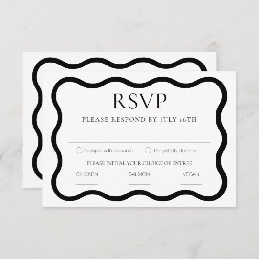 Schwarz & Weiß Eleganter moderner Minimaler Wavy-R RSVP Karte (Vorne/Hinten)