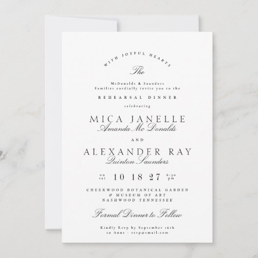 Schwarz-weiß Elegantes formelles Probe Abendessen Einladung (Vorderseite)