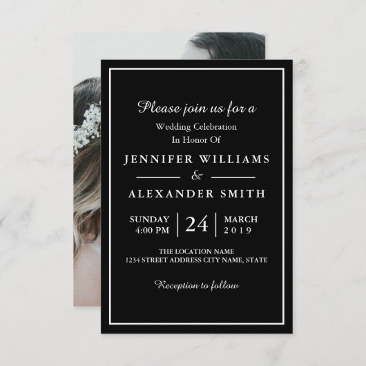 Schwarz-Weiß-Elegantes Foto Einladung zur Hochzeit (Vorne/Hinten)