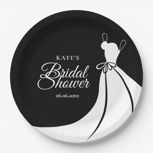 Schwarz-Weiß-Elegantes Gown-Brautparty Pappteller (Vorderseite)