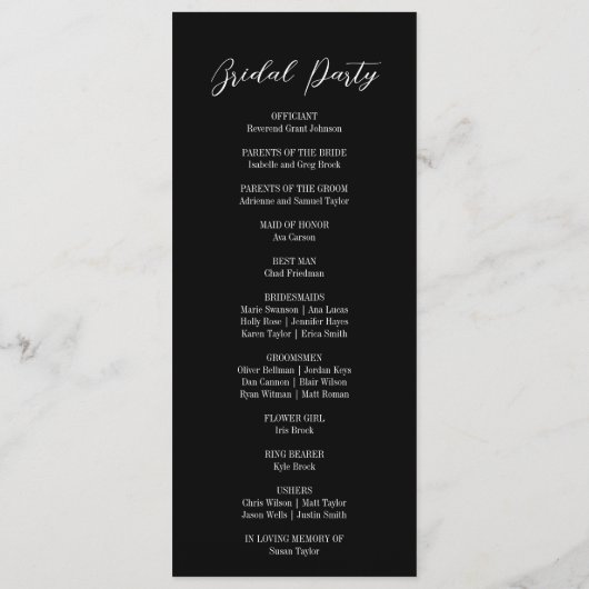 Schwarz-Weiß-Elegantes Hochzeitsprogramm Party Programm (Rückseite)