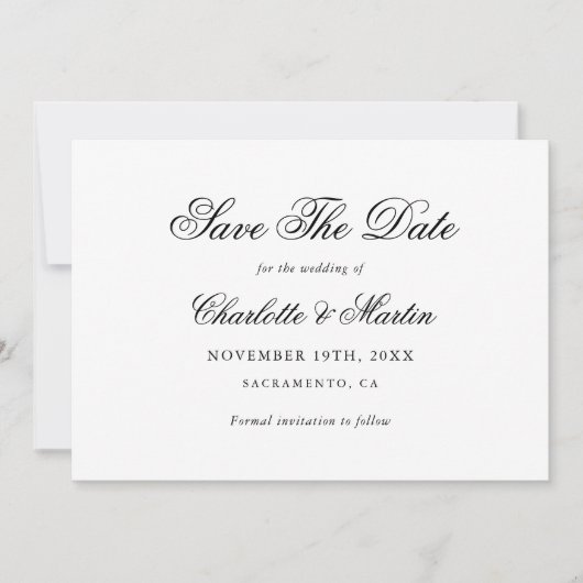 Schwarz-Weiß-Elegantes Skript Einfache Hochzeit Save The Date (Vorderseite)