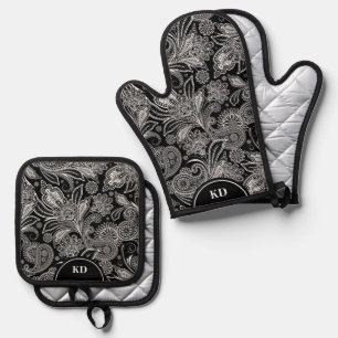 Schwarz-weiß Elegantes Vintage-Paisleymuster Ofenhandschuh & Topflappen-Set