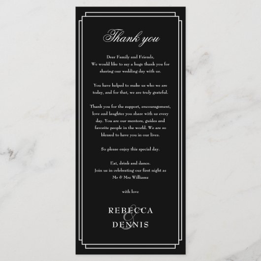 Schwarz-Weiß-Empfang Danke Platzkarte Menükarte (Vorderseite)