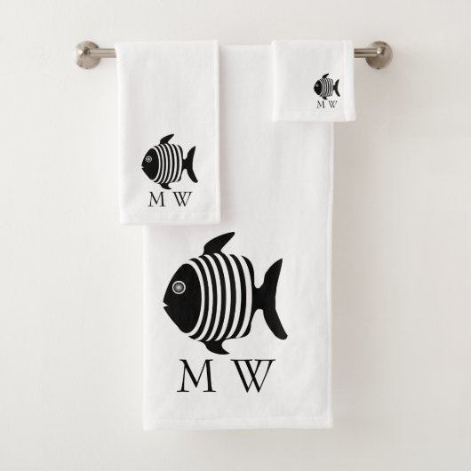 Schwarz-Weiß Engelsfisch Design Monogramm Badhandtuch Set (Insitu)