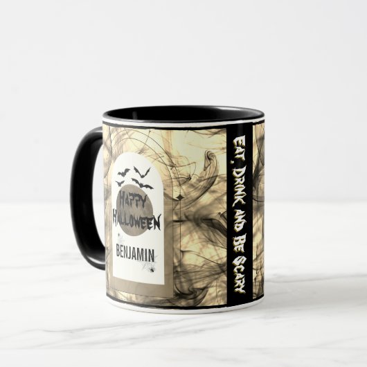 Schwarz-weiß essen Drink und Beängstigend glücklic Tasse (Vorderseite Links)