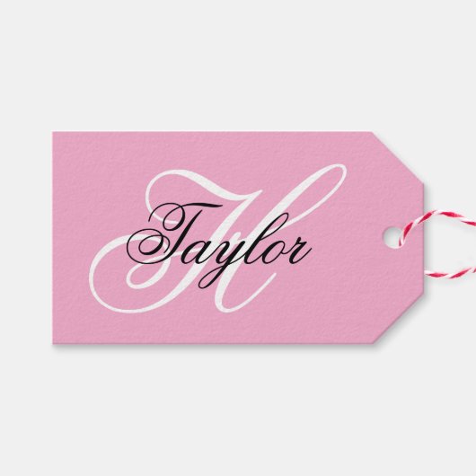 Schwarz-Weiß-Extravagant-Monogramm-Rosa Geschenkanhänger (Vorderseite (Horizontal))